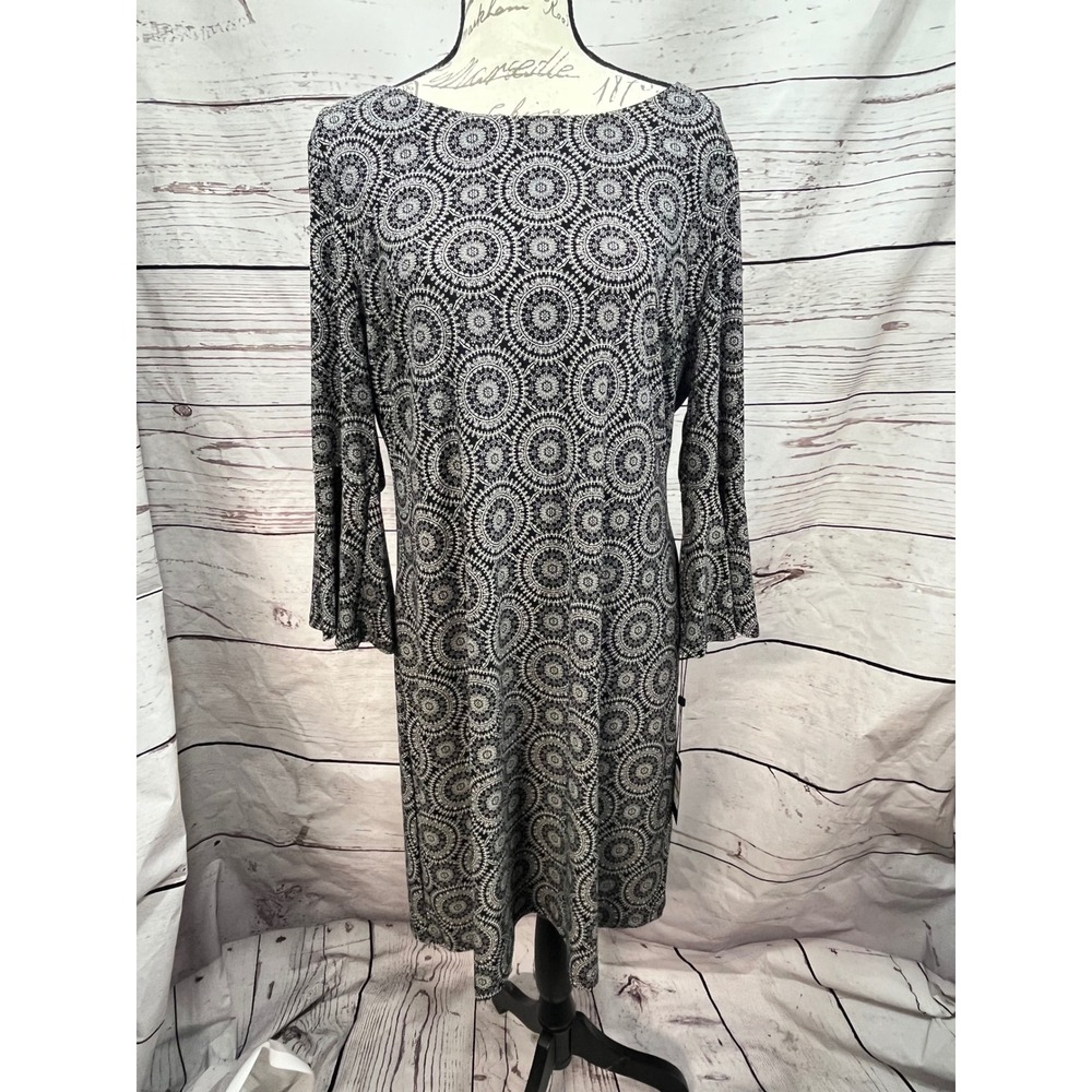 Tommy Hilfiger Women's Black & White Print 3/4 Sleeve Dress Size 14